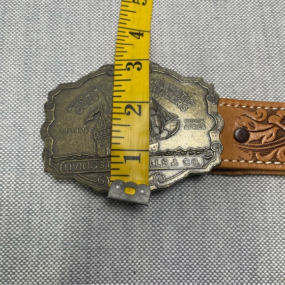 Vintage Livingston Wells&Co Nautical Gold Dealers w/Tooled Leather Hibiscus Belt - Picture 12 of 14